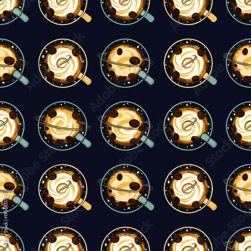 Seamless pattern of coffee cups from above, with cream, coffee beans, and cinnamon swirls, on a dark blue background.