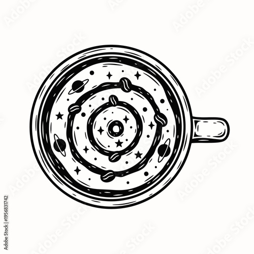 Cosmic Coffee Cup Illustration: Hand-Drawn Black and White Art Depicting a Galaxy of Planets and Stars Swirling in a Steaming Mug