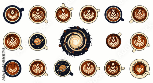Overhead view of various coffee cups featuring beautiful latte art and unique cosmic galaxy designs, a creative blend of caffeine and astronomy.