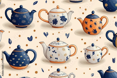 Pattern of hand-painted navy blue, orange and white teapots with floral motifs, scattered leaves and gold dots on a warm cream background, cozy whimsical mood