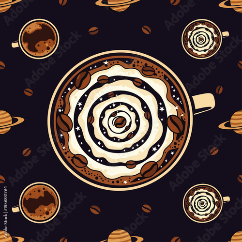 Cosmic Coffee Latte Art Illustration: A Galactic Blend of Espresso, Milk, and Planets in a Dark Universe Pattern, Perfect for Cafe Decor or Space Enthusiasts