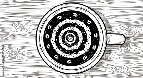 Top view of a steaming cup of coffee with a swirling hypnotic pattern and coffee beans on a wooden table