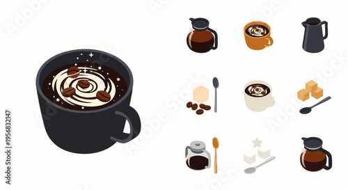 Collection of isometric coffee elements, including a large black mug with cream and beans, and small cups, carafes, spoons, sugar cubes, and beans