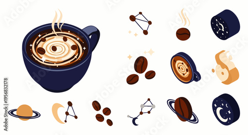 Cosmic Coffee: A Celestial Brew with Swirling Cream, Coffee Beans, and Constellations in a Mug