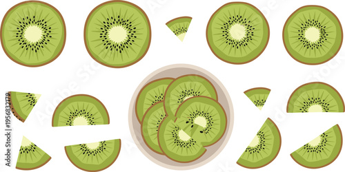 Kiwi Smoothie Preparation Vector Set with Blender, Glass, Fresh Fruit Slices and Splashes for Healthy Drink, Detox Juice and Organic Beverage Design