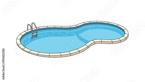 Outdoor kidney-shaped swimming pool with clear blue water and a metal ladder on a plain white background for leisure concepts.