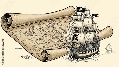 Detailed illustration of a large pirate ship sailing near a giant unrolled ancient treasure map on a parchment background.