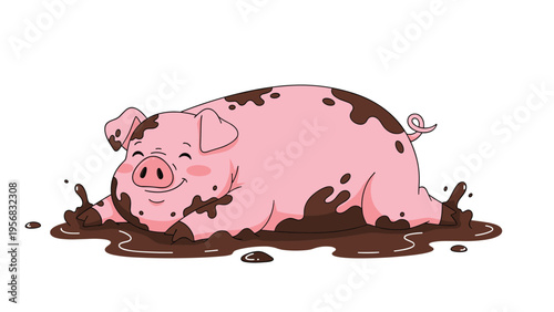 Happy pink pig covered in mud splatters lying down and enjoying a mud bath in a large dark brown puddle in a farm setting.