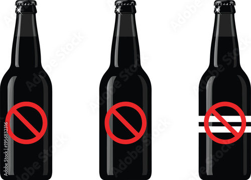 Black beer bottles with prohibition symbol no alcohol sign vector illustration isolated on white background for safety awareness campaign design