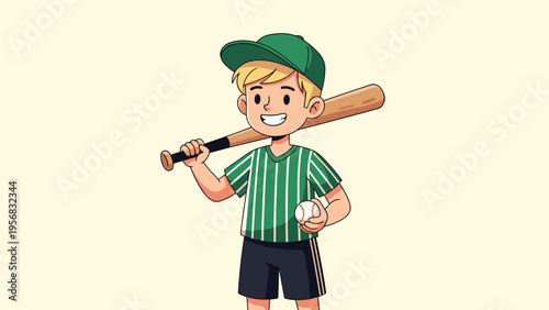 Young cheerful boy dressed in a green striped baseball uniform holding a wooden bat over his shoulder and a leather ball.