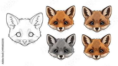 Collection of cute fox head illustrations showing different fur colors and a detailed line drawing for creative coloring.