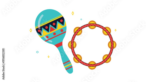 Vibrant musical instruments including a patterned turquoise maraca and a red tambourine with gold-colored metal jingles.