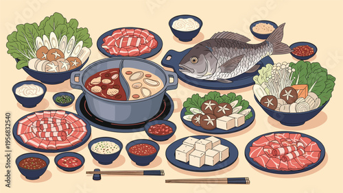 Extensive feast of traditional Chinese hot pot featuring a split pot, whole grilled fish, sliced meats, vegetables, and bowls of sauce.