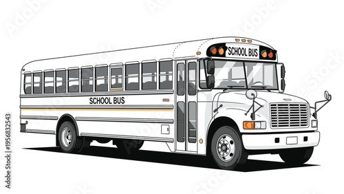 Detailed side-view illustration of a large classic American school bus in a clean white color with orange warning stripes.