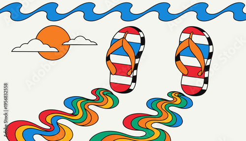 Retro Striped Flip Flops Leaving Rainbow Footprints on Sand Beach Summer Concept