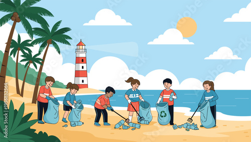 Group of dedicated children volunteering to pick up plastic bottles and trash from a beautiful sandy beach near a lighthouse.