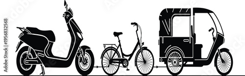 Black silhouette transport collection featuring scooter bicycle and auto rickshaw vector illustration urban mobility concept minimal modern design