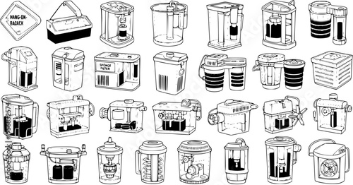 Aquarium Filters Line Art Collection: Diverse Types for Tank Maintenance