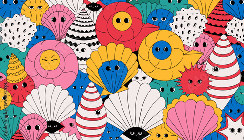 Cute Sea Shell Pattern with Kawaii Faces and Winking Eyes Cartoon Background