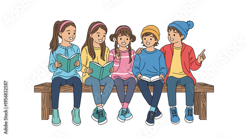 Group of five diverse and cheerful children sitting together on a long wooden bench and reading colorful books in a group setting.