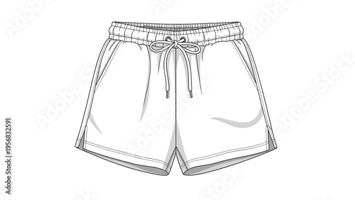 Minimalist black and white line drawing of a pair of casual athletic shorts with a drawstring and side pockets for design projects.
