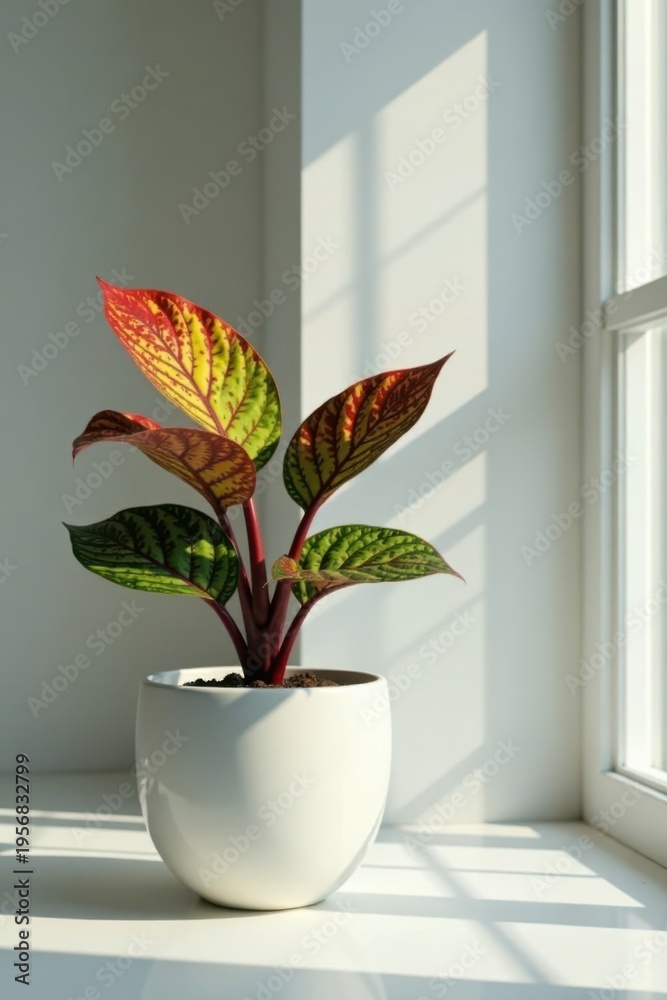 Fototapeta premium Vibrant foliage plant in a simple white pot basking in sunlight near a windowsill