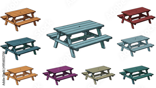 Collection of wooden picnic tables in various colors and perspectives suitable for park furniture catalogs or outdoor area planning.