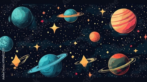 Whimsical outer space scene with multiple colorful ringed planets, smaller rocky planets, glowing star shapes and tiny starry dots against a dark blue background evoking playful cosmic wonder