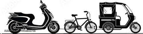 Black silhouette urban transportation set featuring scooter bicycle and auto rickshaw vector illustration isolated modern mobility concept design clean minimal