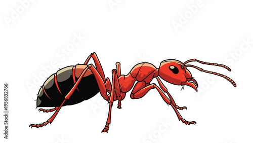 Detailed illustration of a red ant in profile view showing its segmented body legs and long antennae for biological or nature study.