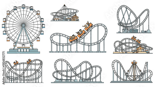 Collection of amusement park rides including a large ferris wheel and various roller coasters presented in a clean line art style.