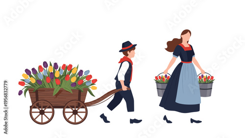 Traditional Dutch boy pulling a wooden cart full of tulips followed by a girl carrying buckets of flowers in traditional folk dress.