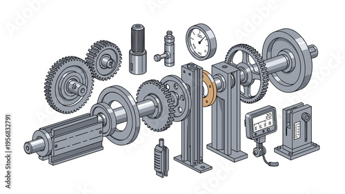 Exploded view diagram of mechanical parts including gears shafts and gauges representing industrial engineering and machinery design.