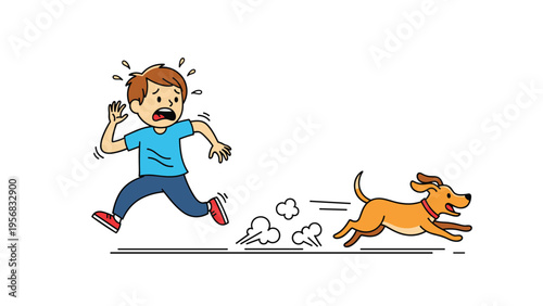 Cartoon scene of a frightened young boy running away from a playful brown dog showing a humorous chase for storytelling or animation.