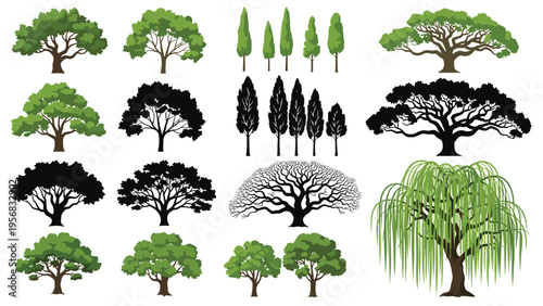 Comprehensive collection of tree silhouettes and detailed green tree illustrations in various species for landscape design projects.