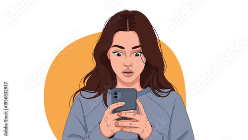 Surprised young woman with long brown hair looking at her smartphone screen with an open mouth expression for digital social content.