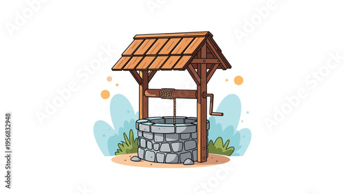 Traditional stone wishing well with a wooden roof and a hand crank handle surrounded by soft green bushes and a hint of blue sky.