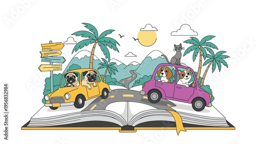 Creative illustration of dogs and a cat driving colorful cars out of an open book set against a tropical island background travel scene.