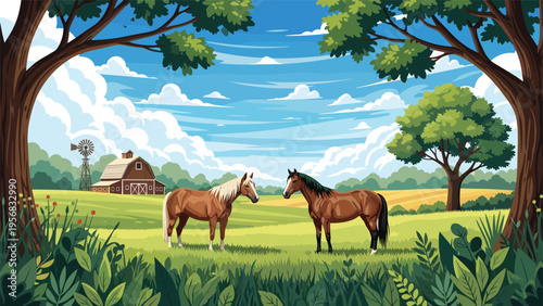 Idyllic farm landscape featuring two horses standing in a lush green field with a barn and windmill under a bright blue summer sky.