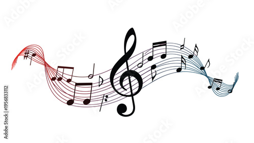 Artistic representation of musical notes and a treble clef flowing along a curved staff with colorful blue and red gradients.