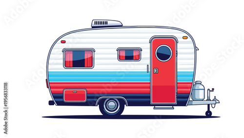 Classic vintage travel trailer camper with colorful red, white, and blue stripes is parked and ready for a summer road trip adventure.