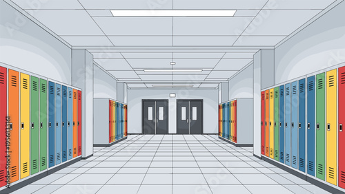 Empty school hallway lined with rows of colorful lockers leading to double doors under bright fluorescent ceiling lights.