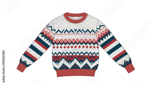 Knitted winter sweater with a festive fair isle pattern in red, blue, and white is displayed against a solid white background.