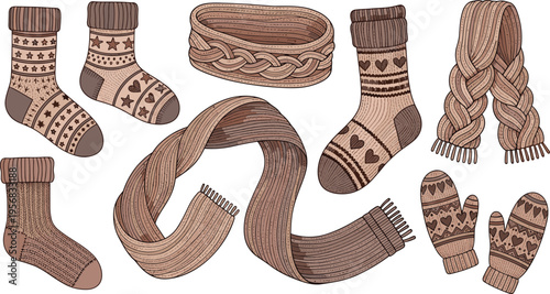 Knitted Winter Accessories Set with Wool Socks Scarves and Mittens Cozy Handmade Textile Collection for Cold Weather Fashion and Seasonal Clothing Design