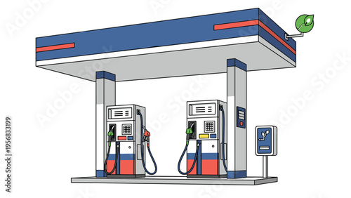 Modern gas station with two fuel pumps and a blue canopy structure stands ready for vehicles on a clean white background.
