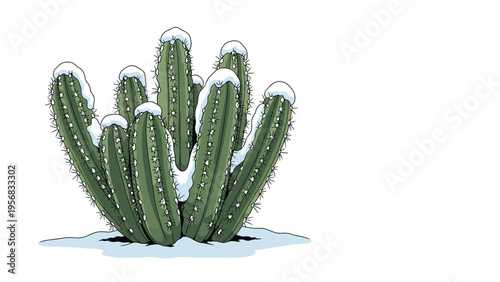 Group of green desert cacti are surprisingly covered in white snow against a plain white background depicting a rare winter event.