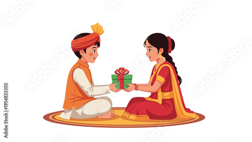 Young Indian boy in traditional attire gives a gift to his sister during the festive celebration of Raksha Bandhan on a rug.