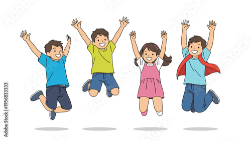 Group of four diverse and joyful children are jumping high in the air with their arms raised in a celebration of happiness.