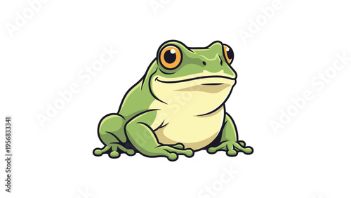 Detailed illustration of a bright green tree frog with large orange eyes sitting calmly against a plain white background.