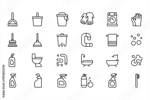 Cleaning hygiene icon set with household tools bathroom sanitation and detergent symbols